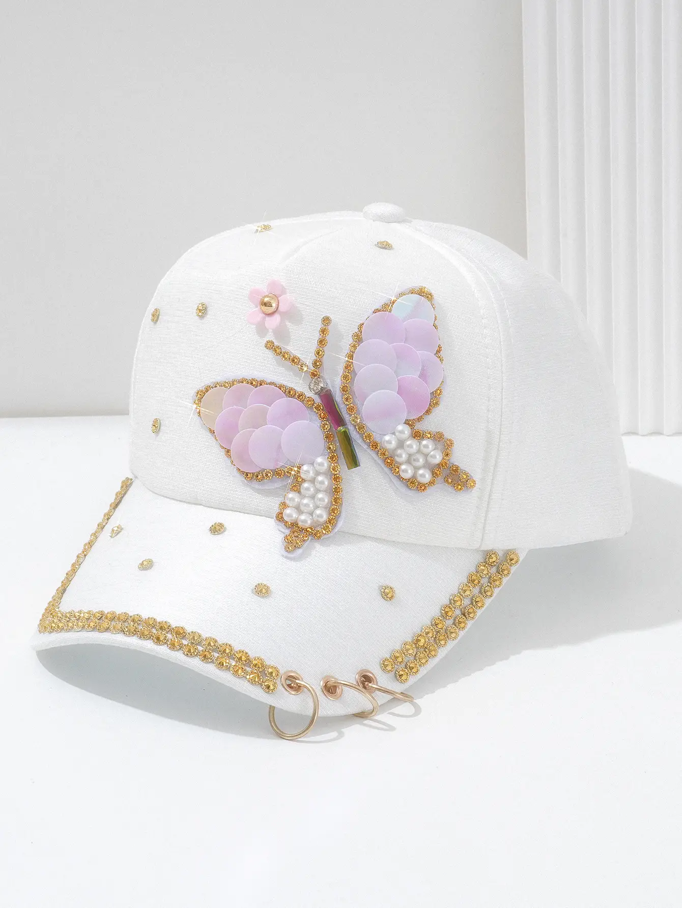 Women Pink Butterfly Pearl Cap with Chain & Rhinestones — feature 7
