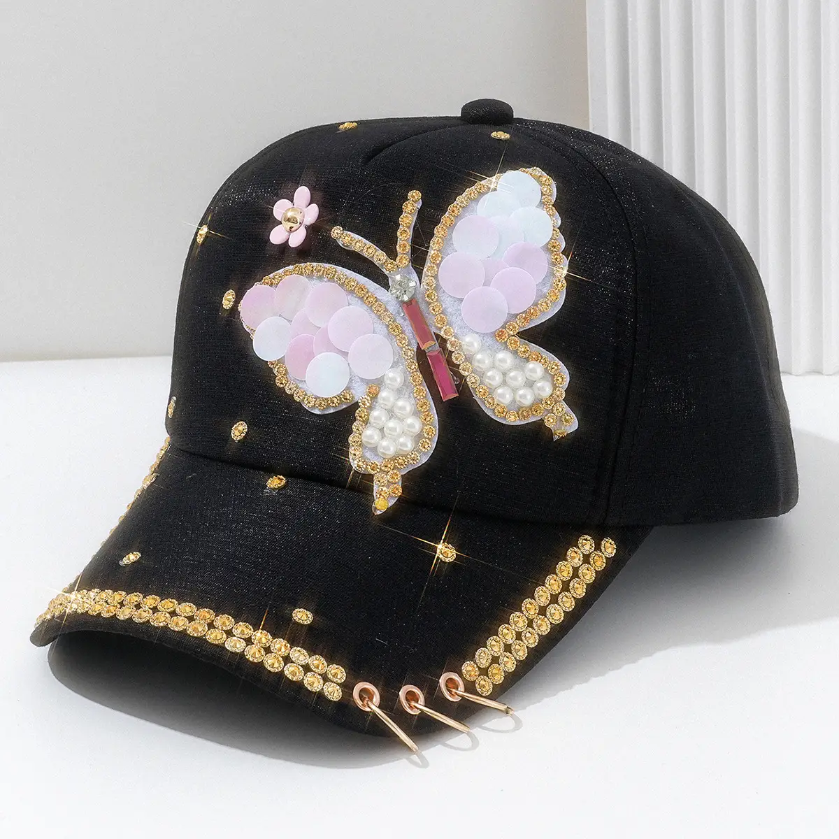 Women Pink Butterfly Pearl Cap with Chain & Rhinestones - Image 2