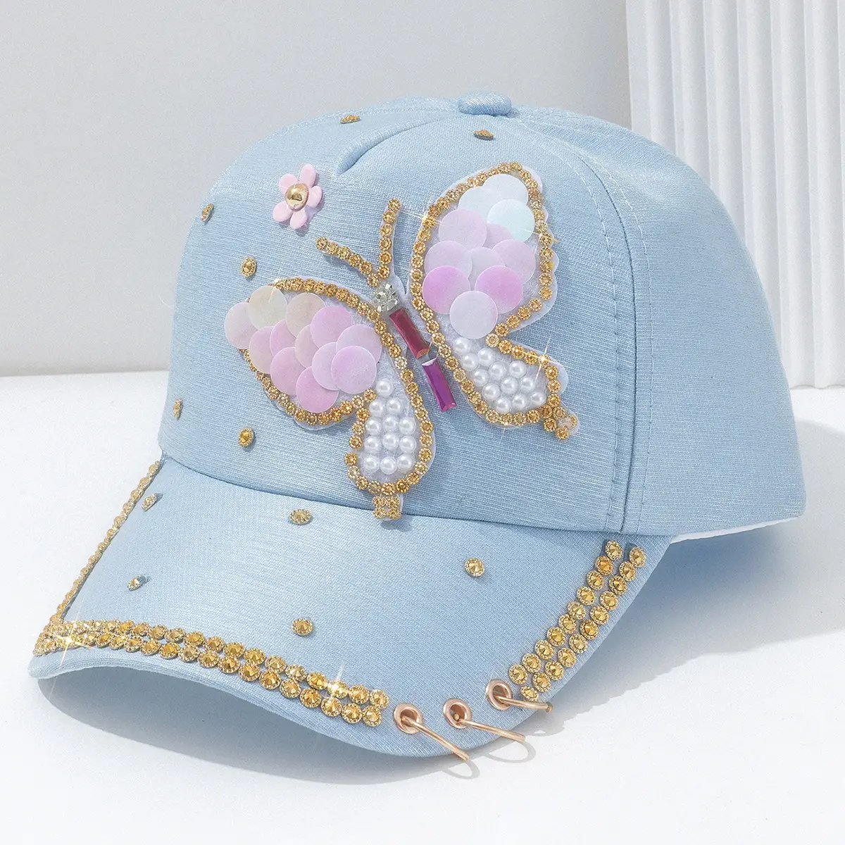Women Pink Butterfly Pearl Cap with Chain & Rhinestones - Image 4