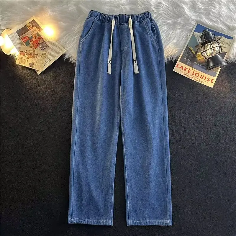 Men's Elastic Waist Denim Wide Leg Pants Dark Blue
