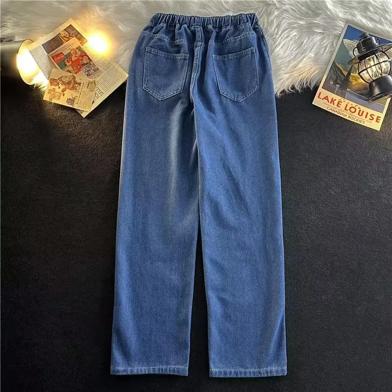 Men's Elastic Waist Denim Wide Leg Pants Dark Blue — feature 11