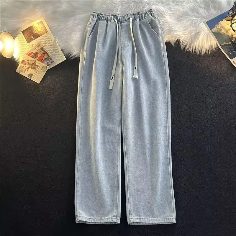 Men's Elastic Waist Denim Wide Leg Pants Dark Blue — feature 6
