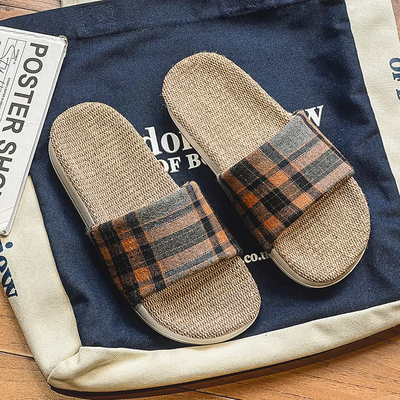 Plaid Cotton Linen Floor Slippers for Men Women - Image 6