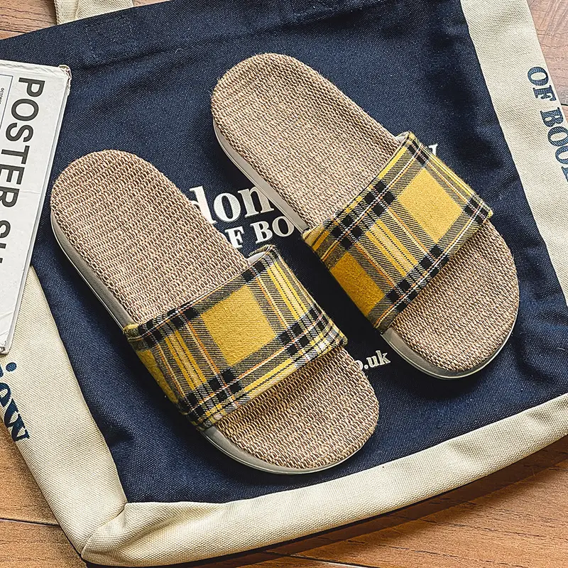 Plaid Cotton Linen Floor Slippers for Men Women - Image 3
