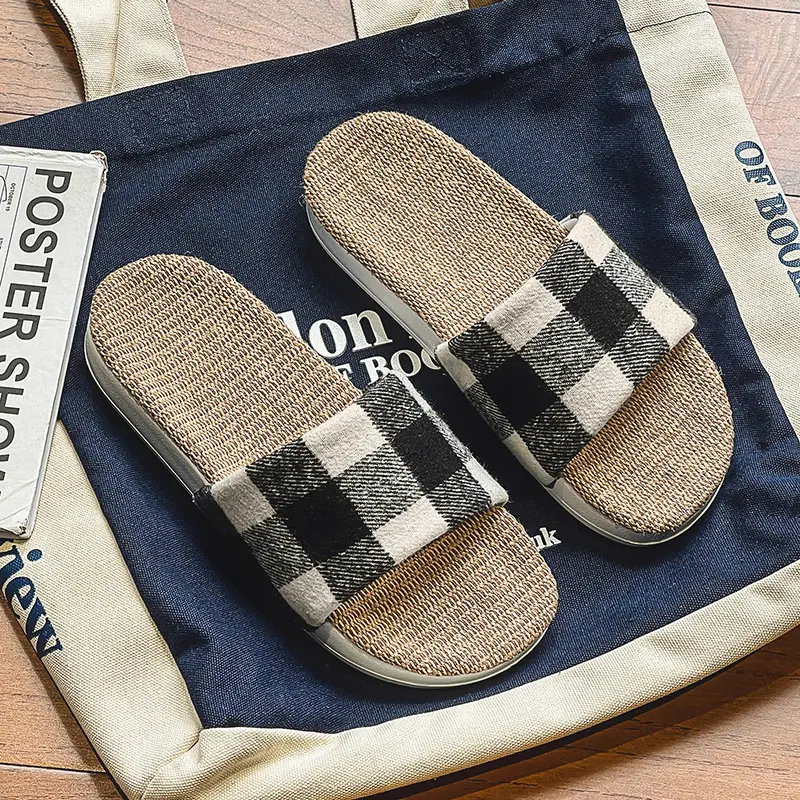 Plaid Cotton Linen Floor Slippers for Men Women - Image 5