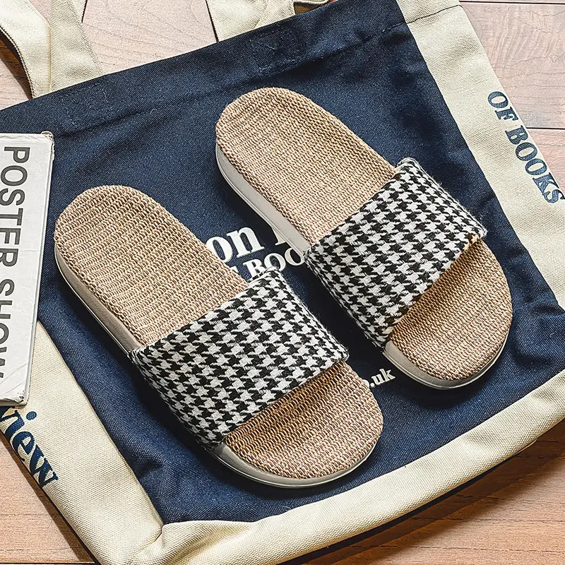 Plaid Cotton Linen Floor Slippers for Men Women