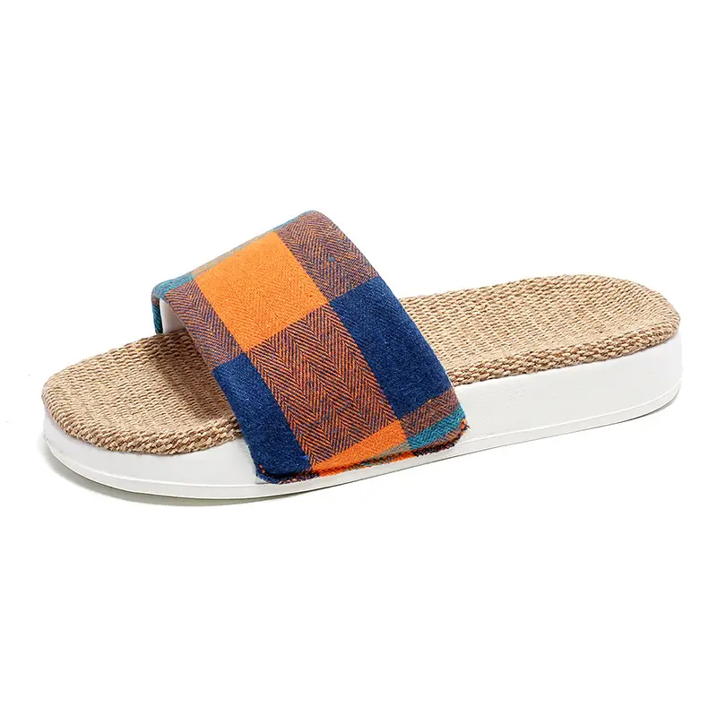 Plaid Cotton Linen Floor Slippers for Men Women - Image 7