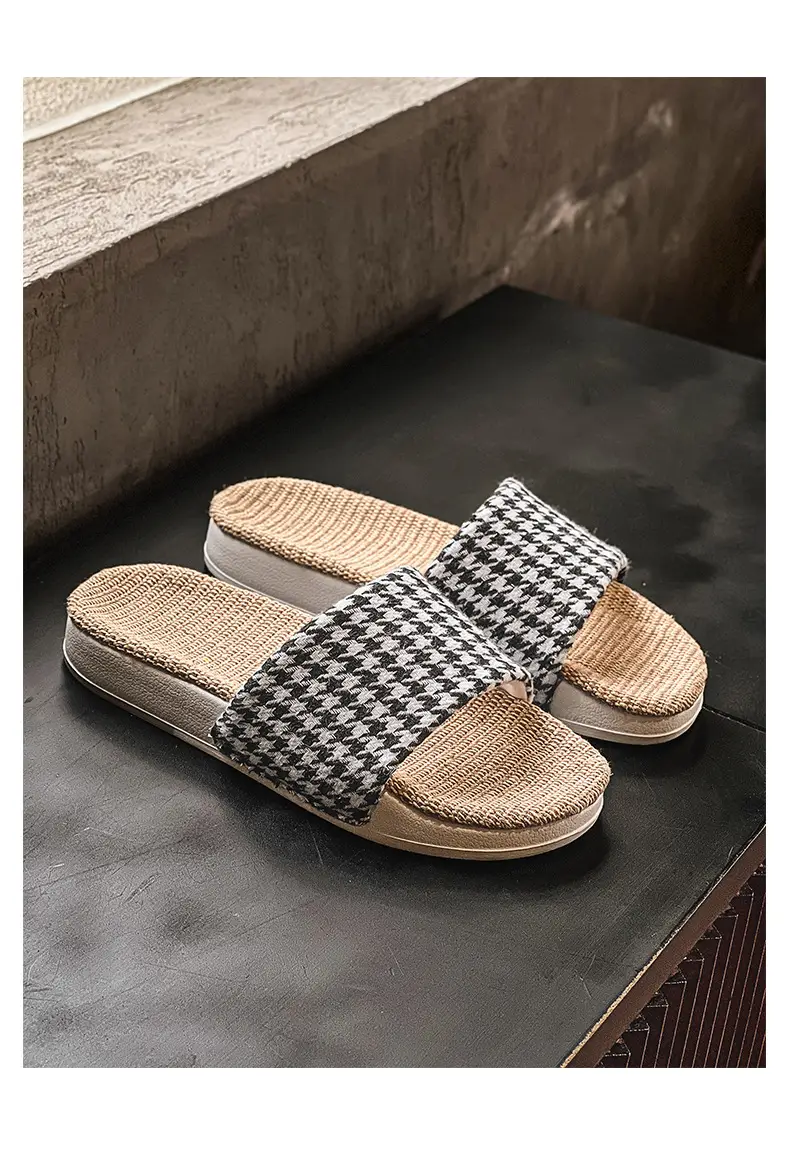 Plaid Cotton Linen Floor Slippers for Men Women β feature 10