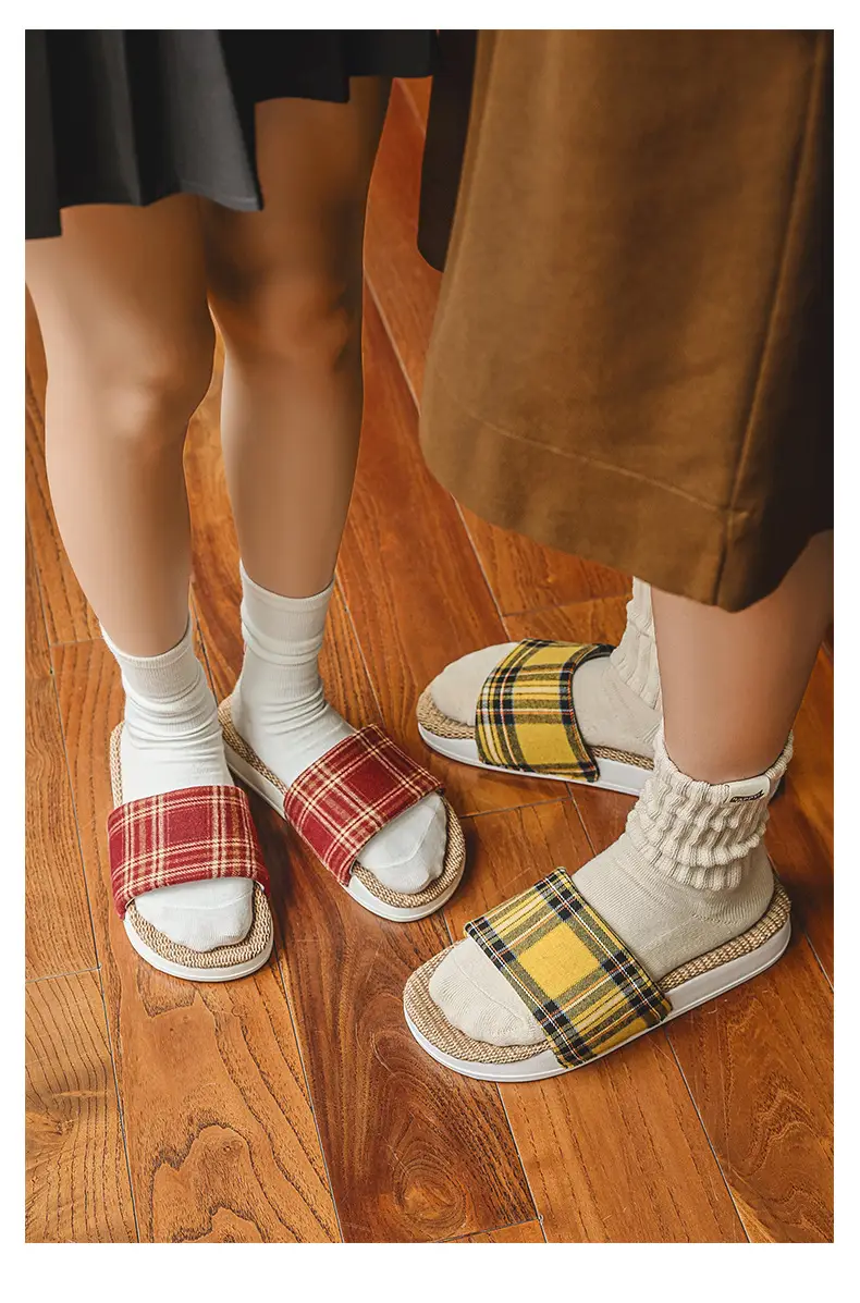 Plaid Cotton Linen Floor Slippers for Men Women β feature 11