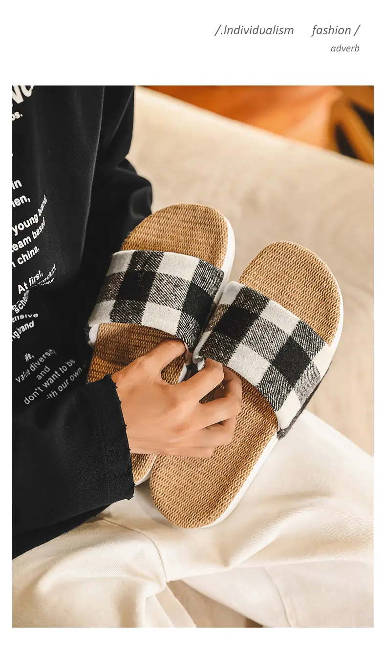 Plaid Cotton Linen Floor Slippers for Men Women β feature 12