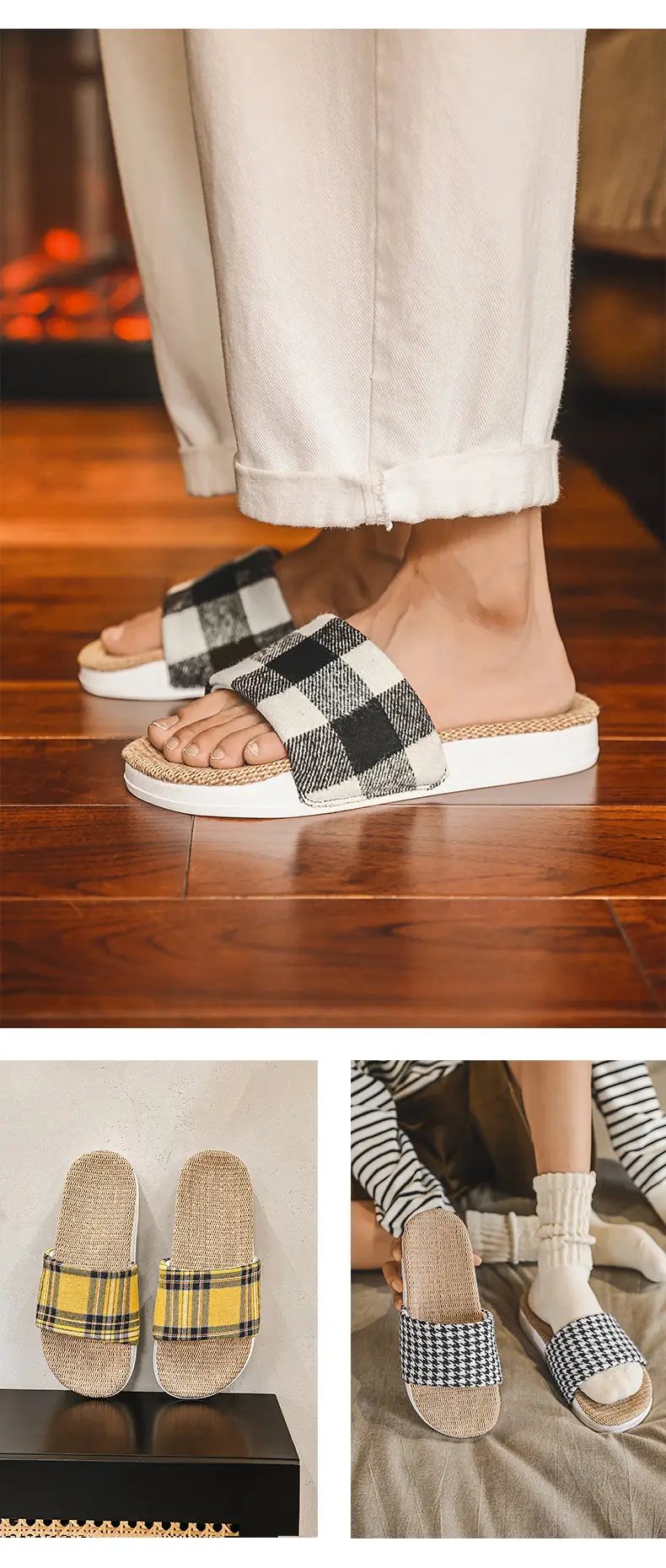 Plaid Cotton Linen Floor Slippers for Men Women β feature 16