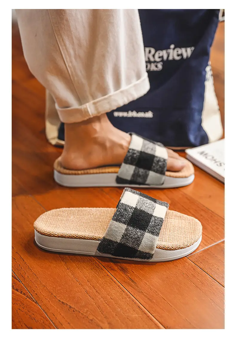Plaid Cotton Linen Floor Slippers for Men Women β feature 18