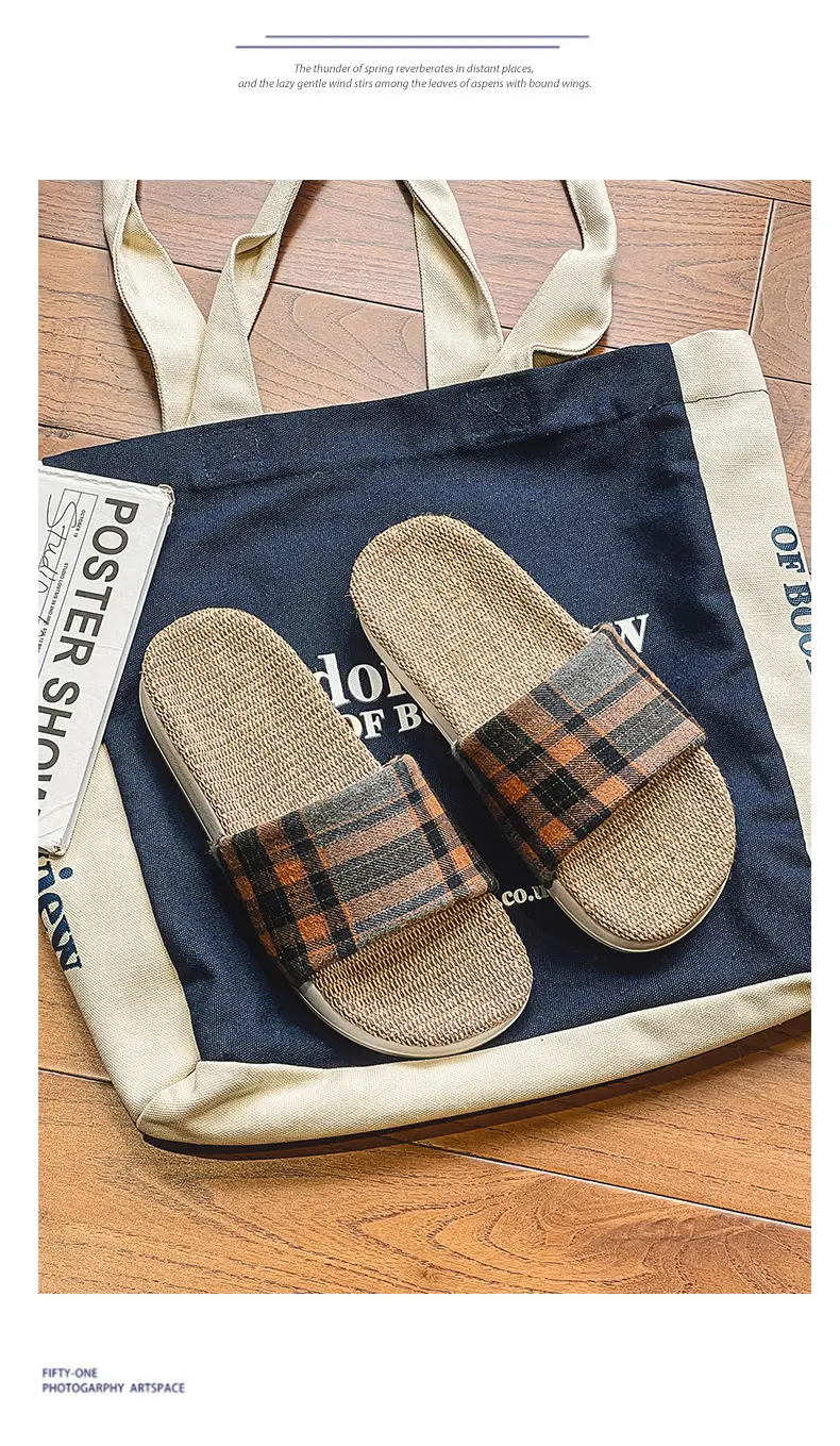 Plaid Cotton Linen Floor Slippers for Men Women β feature 19