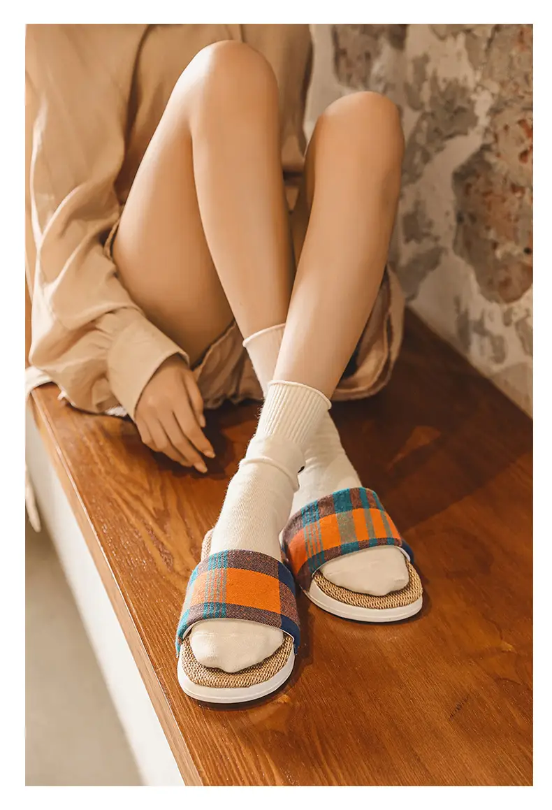 Plaid Cotton Linen Floor Slippers for Men Women β feature 20