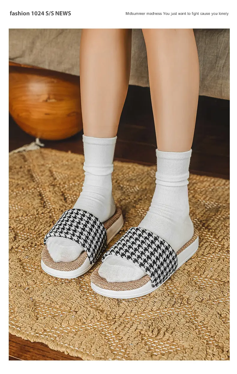 Plaid Cotton Linen Floor Slippers for Men Women β feature 22
