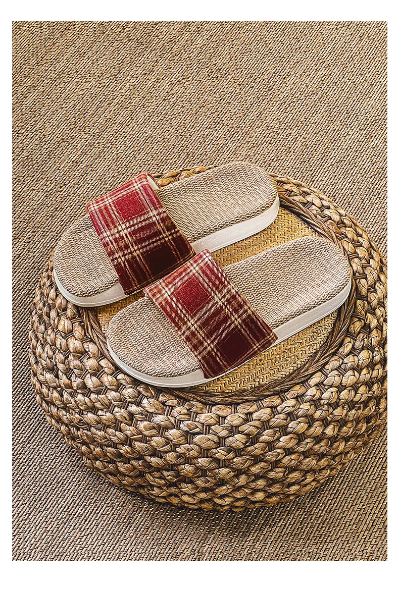 Plaid Cotton Linen Floor Slippers for Men Women β feature 23