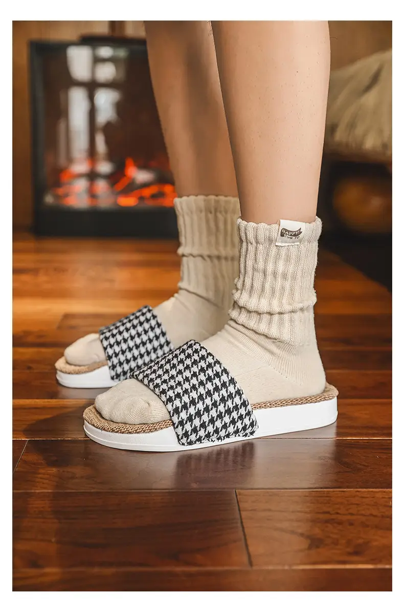 Plaid Cotton Linen Floor Slippers for Men Women β feature 24