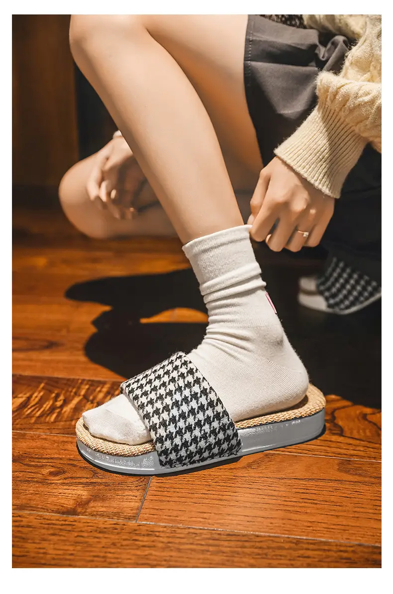 Plaid Cotton Linen Floor Slippers for Men Women β feature 26