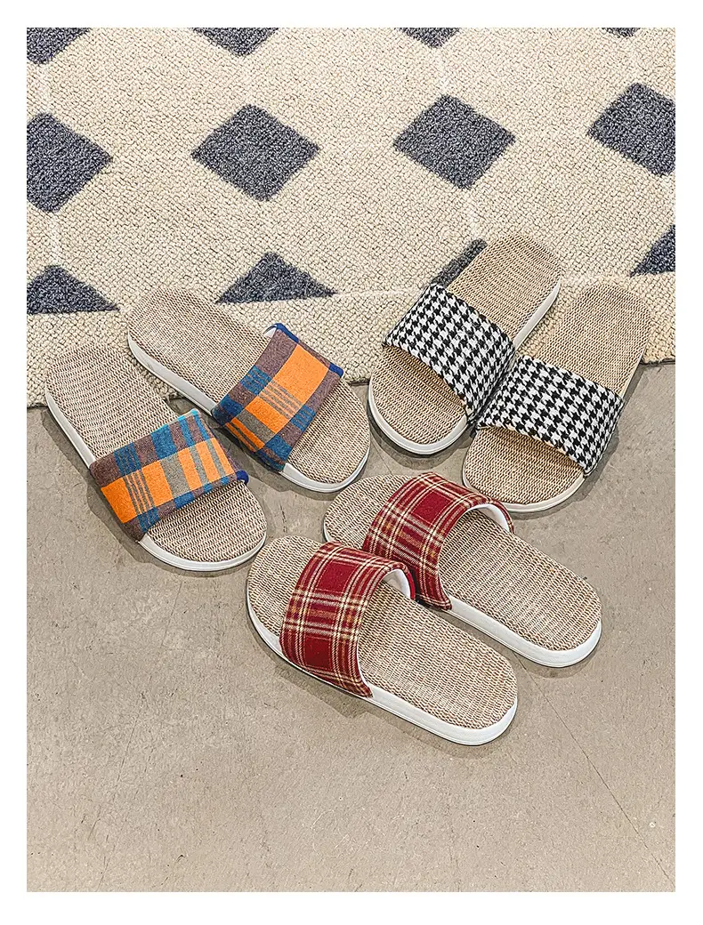 Plaid Cotton Linen Floor Slippers for Men Women β feature 27