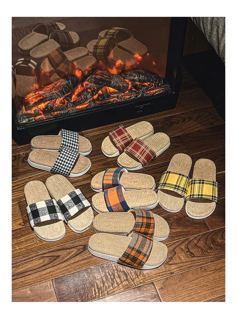 Plaid Cotton Linen Floor Slippers for Men Women β feature 3