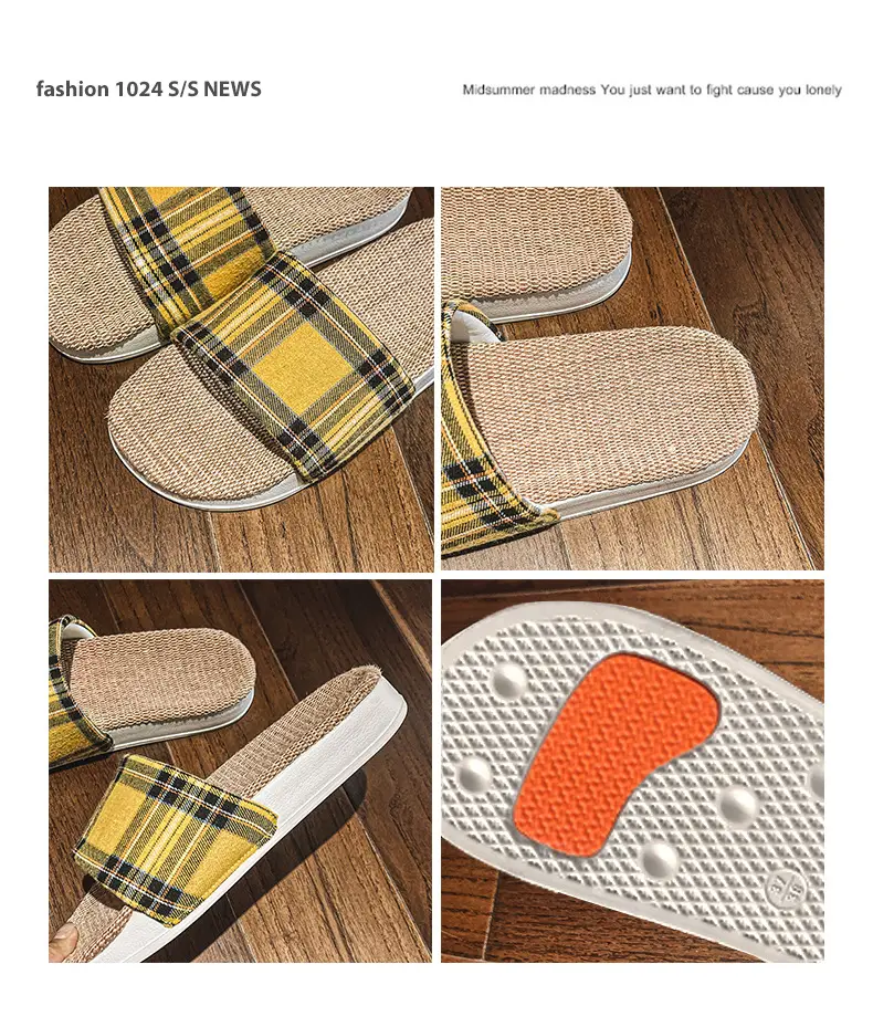 Plaid Cotton Linen Floor Slippers for Men Women β feature 4