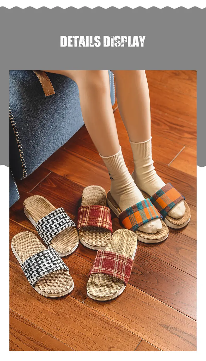 Plaid Cotton Linen Floor Slippers for Men Women β feature 5