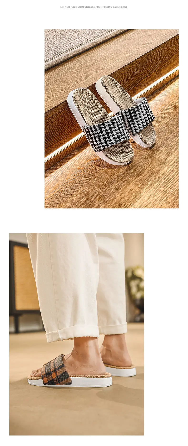 Plaid Cotton Linen Floor Slippers for Men Women β feature 6
