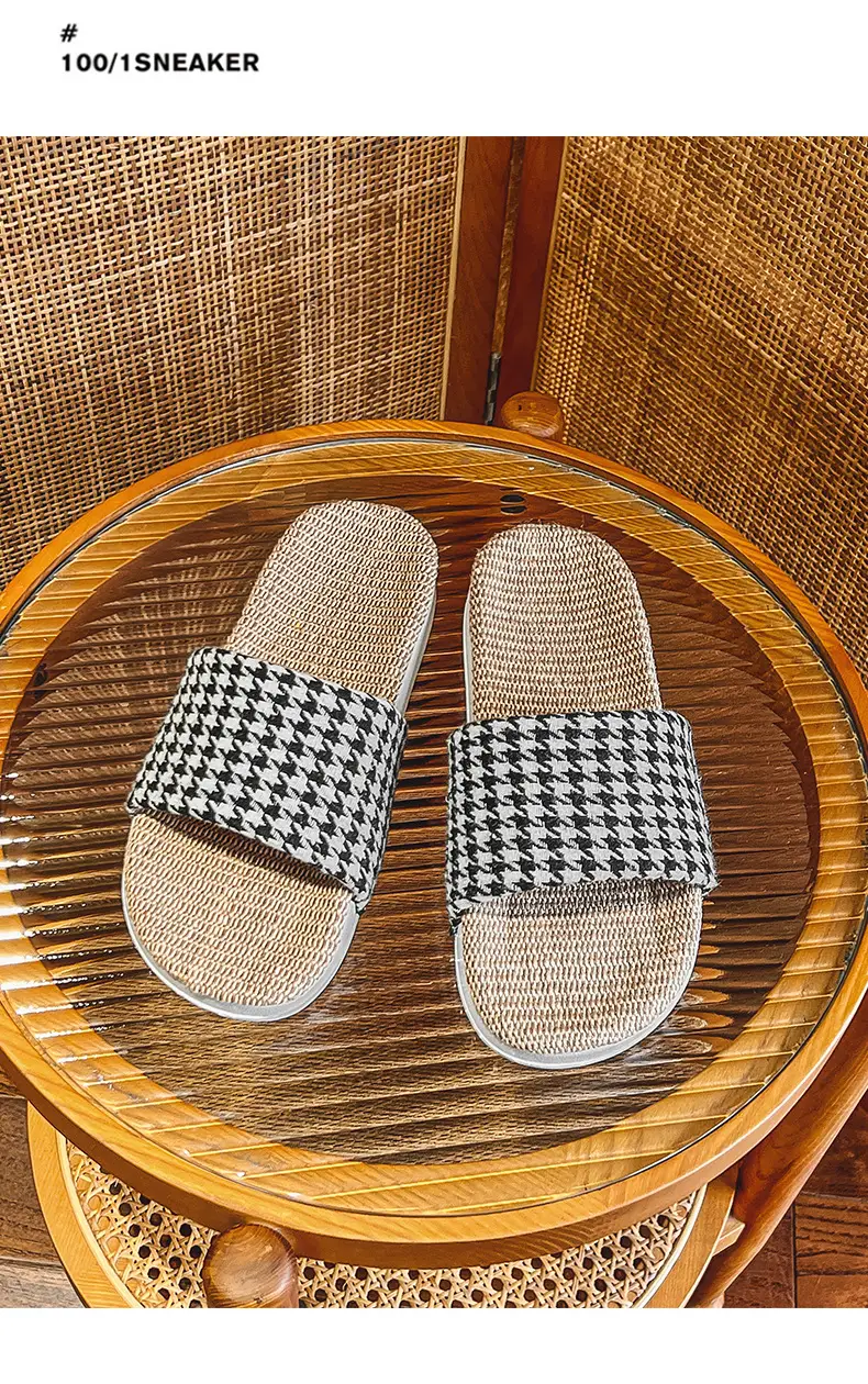 Plaid Cotton Linen Floor Slippers for Men Women β feature 7