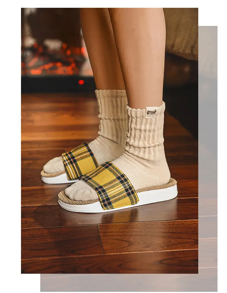 Plaid Cotton Linen Floor Slippers for Men Women β feature 8