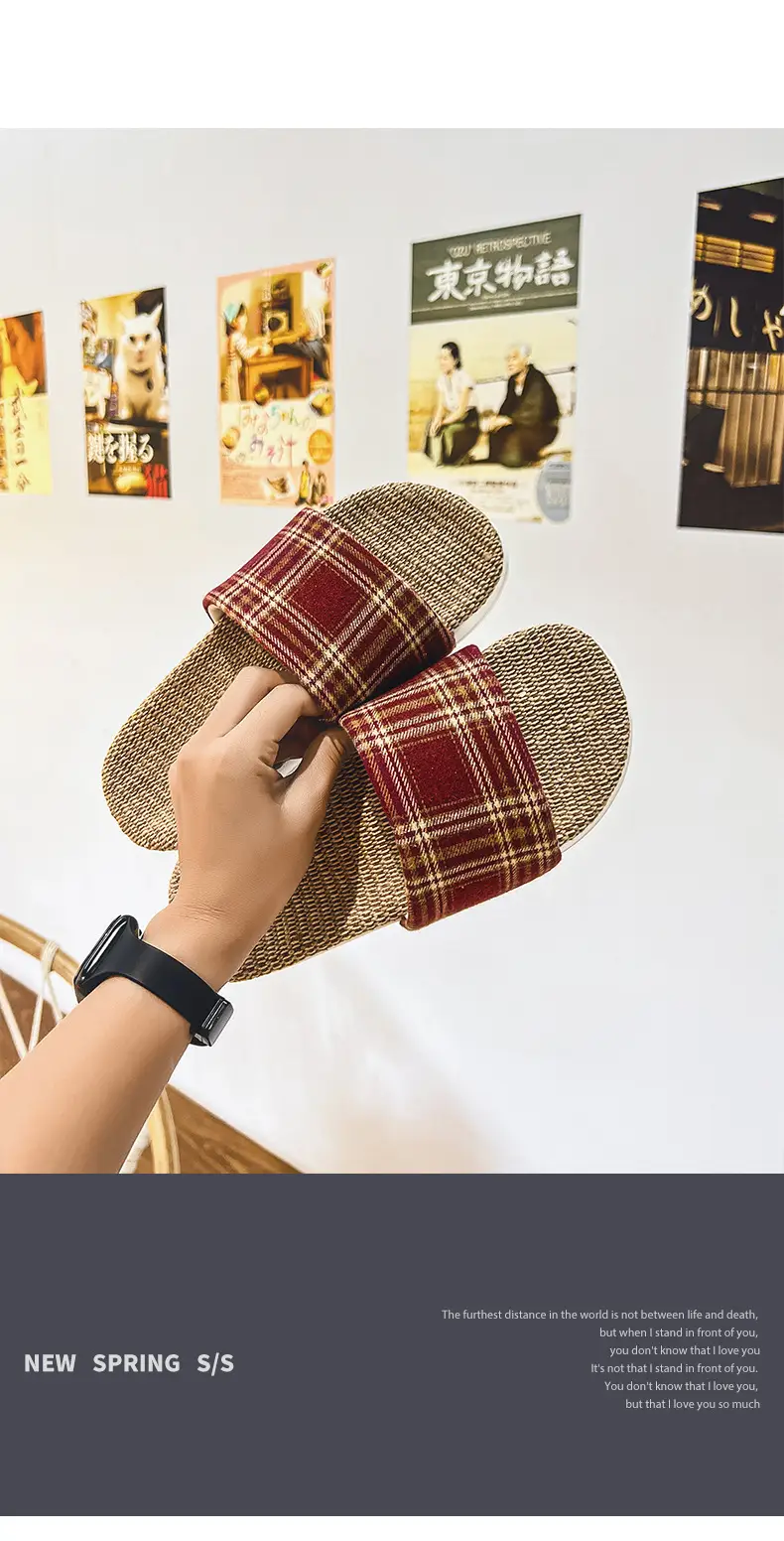 Plaid Cotton Linen Floor Slippers for Men Women β feature 9
