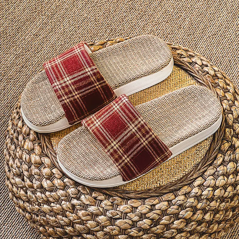 Plaid Cotton Linen Floor Slippers for Men Women - Image 2