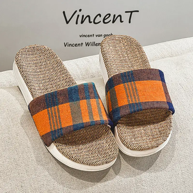 Plaid Cotton Linen Floor Slippers for Men Women - Image 4