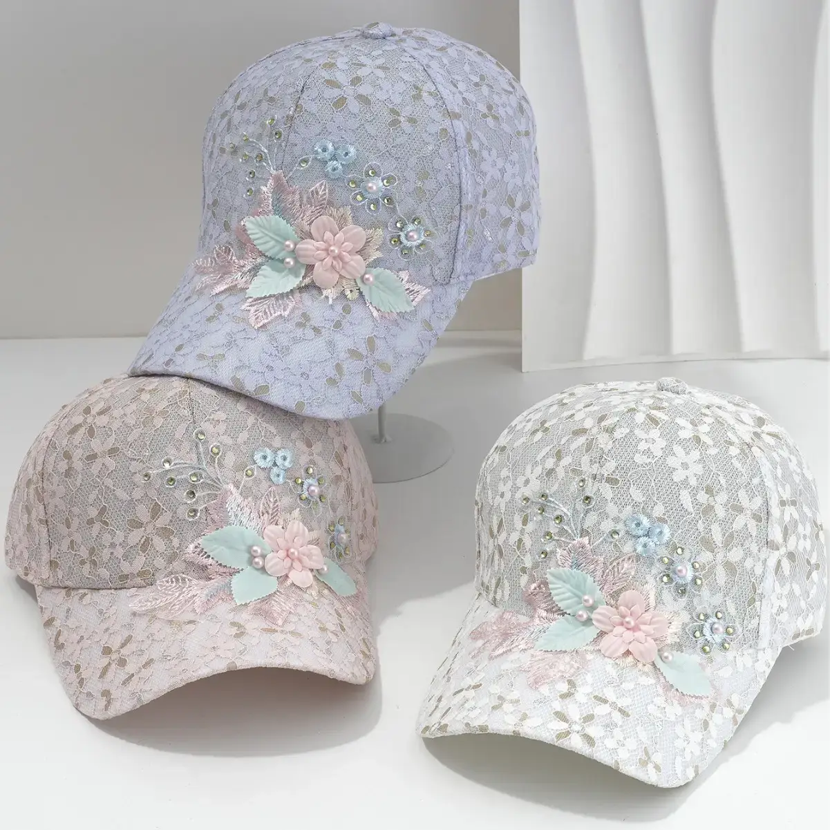 Women's Hollow Lace Floral Baseball Cap with Rhinestones