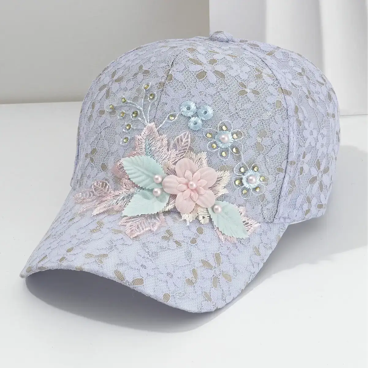 Women's Hollow Lace Floral Baseball Cap with Rhinestones