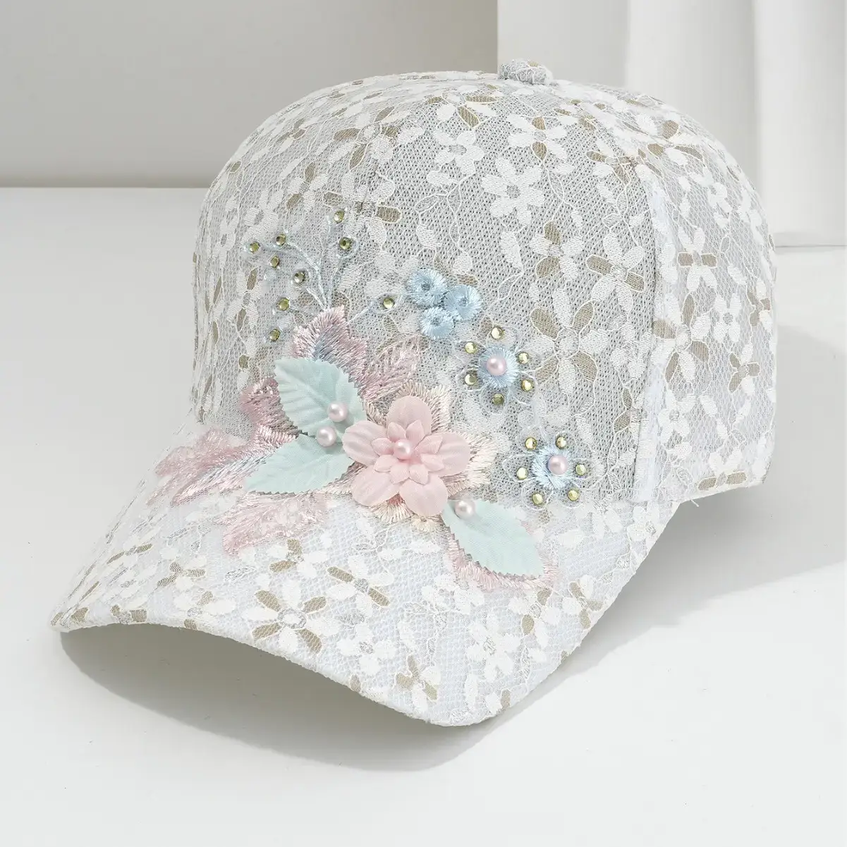 Women's Hollow Lace Floral Baseball Cap with Rhinestones