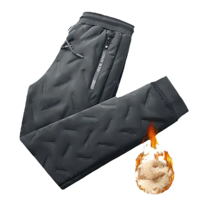 Men Winter Windproof Sweatpants Black Thickened Fleece