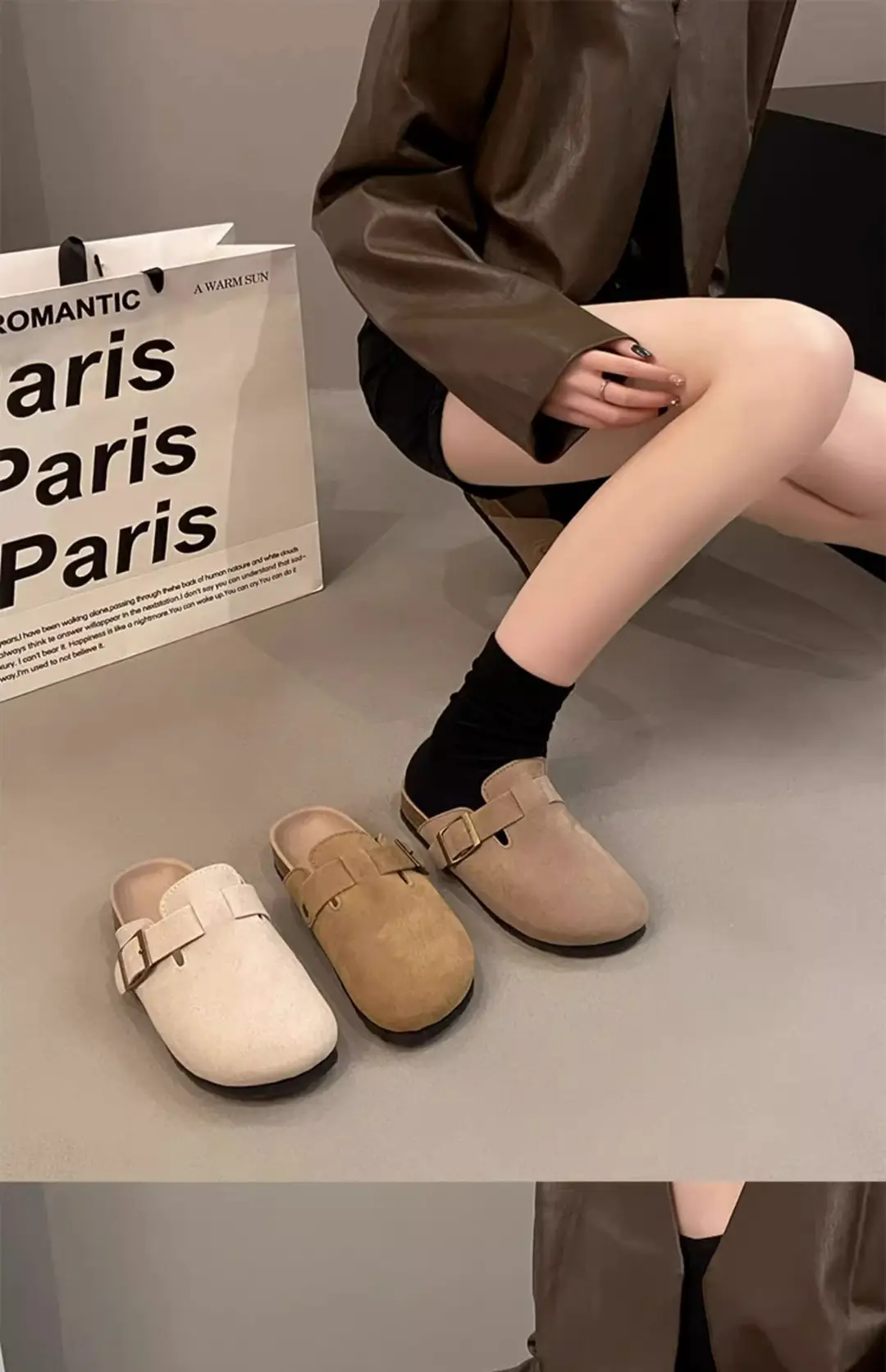 Birkenstock Shoes for Women's Outer Wear 2025 New Spring Genuine Leather Casual Thick-Soled Lazy Toe Half Slippers Cork Birkenstock — feature 15