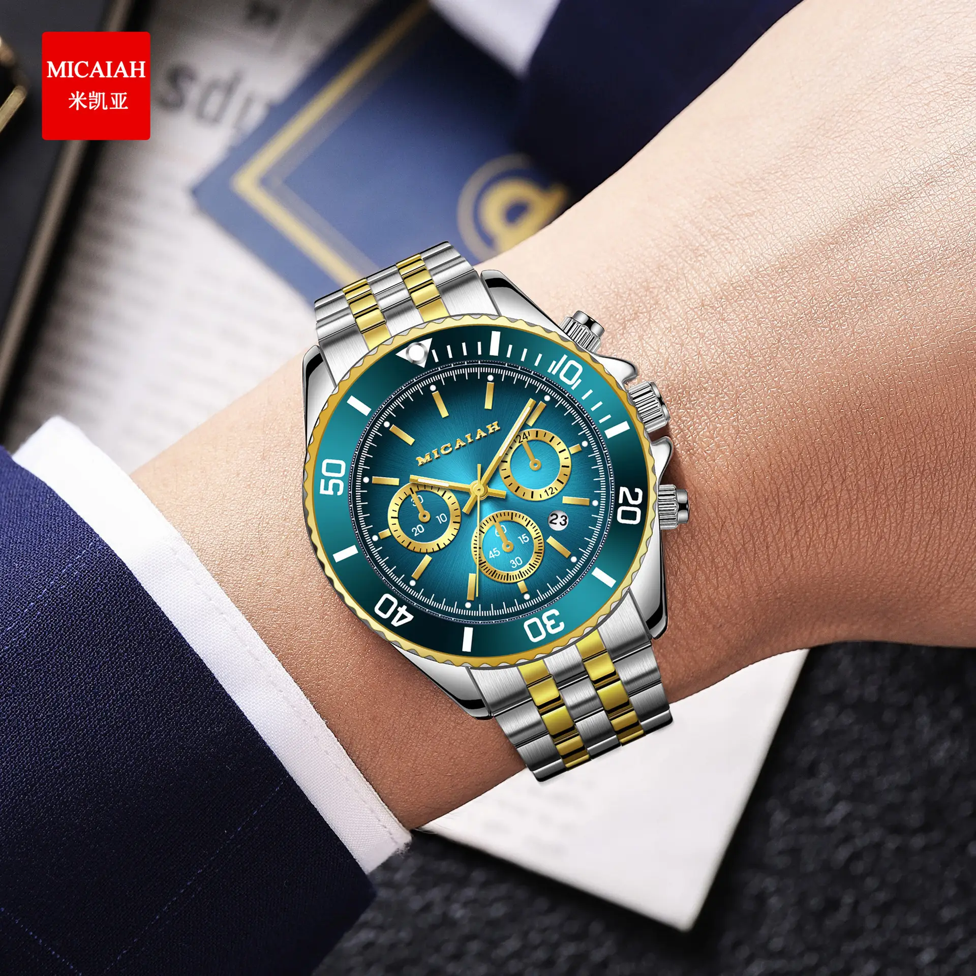 Men's Waterproof Chronograph Watch with Calendar Stainless Steel Gold Black - Image 5