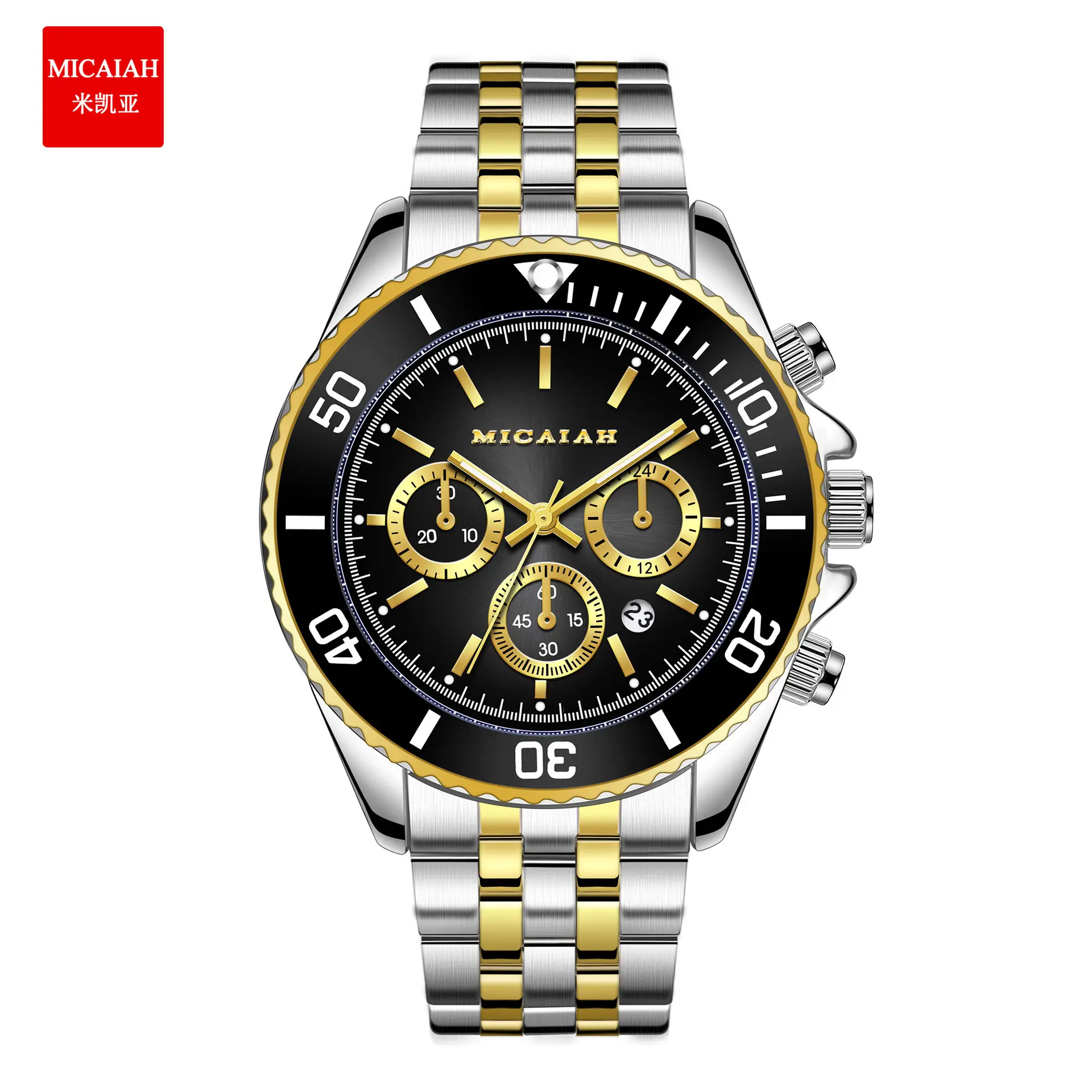 Men's Waterproof Chronograph Watch with Calendar Stainless Steel Gold Black - Image 3