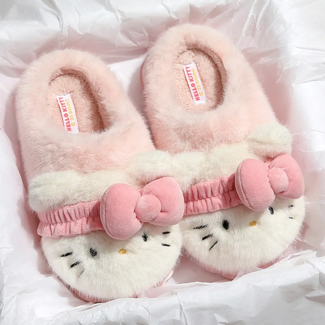 Parent-Child Cotton Slippers for Autumn and Winter, Sanrio Home Kt Cat Cute Warm Plush Cotton Slippers, Thick-Soled Furry Slippers for Women - Image 6