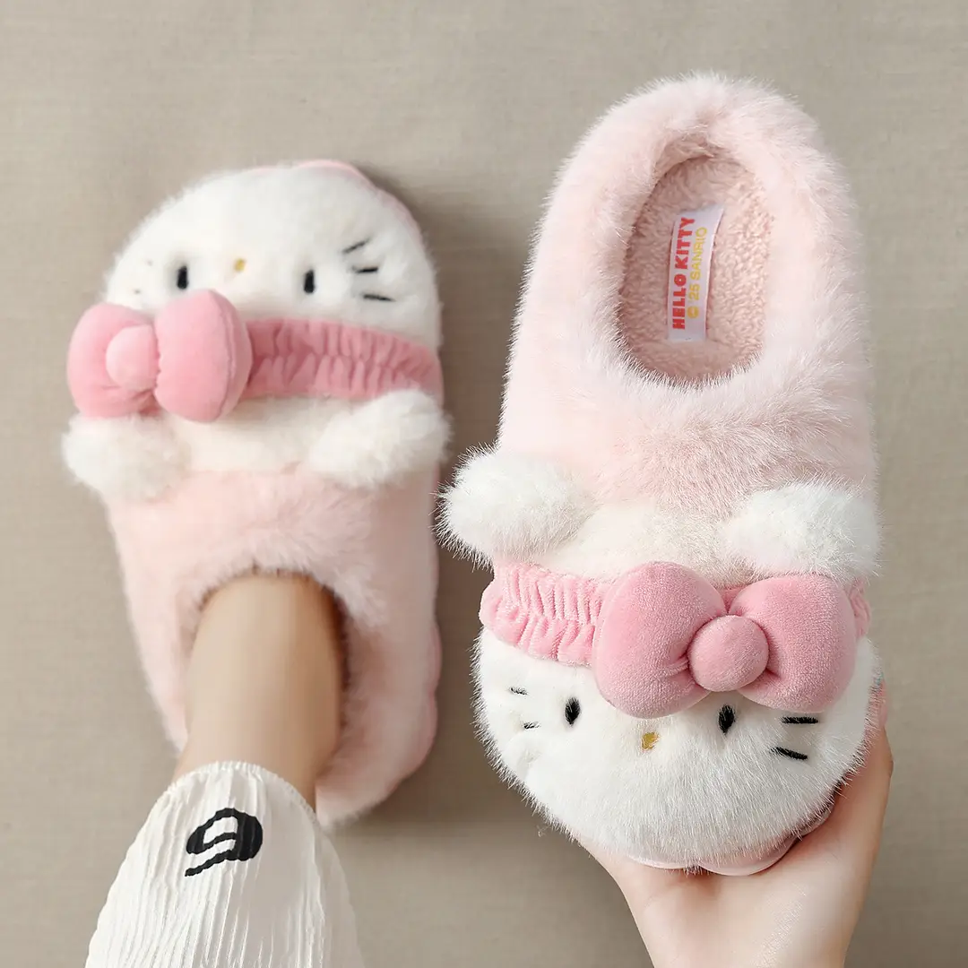 Parent-Child Cotton Slippers for Autumn and Winter, Sanrio Home Kt Cat Cute Warm Plush Cotton Slippers, Thick-Soled Furry Slippers for Women - Image 8