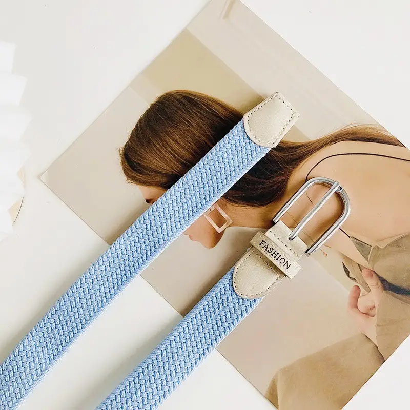 Women's Beige Braided Elastic Belt with Pin Buckle - Image 8