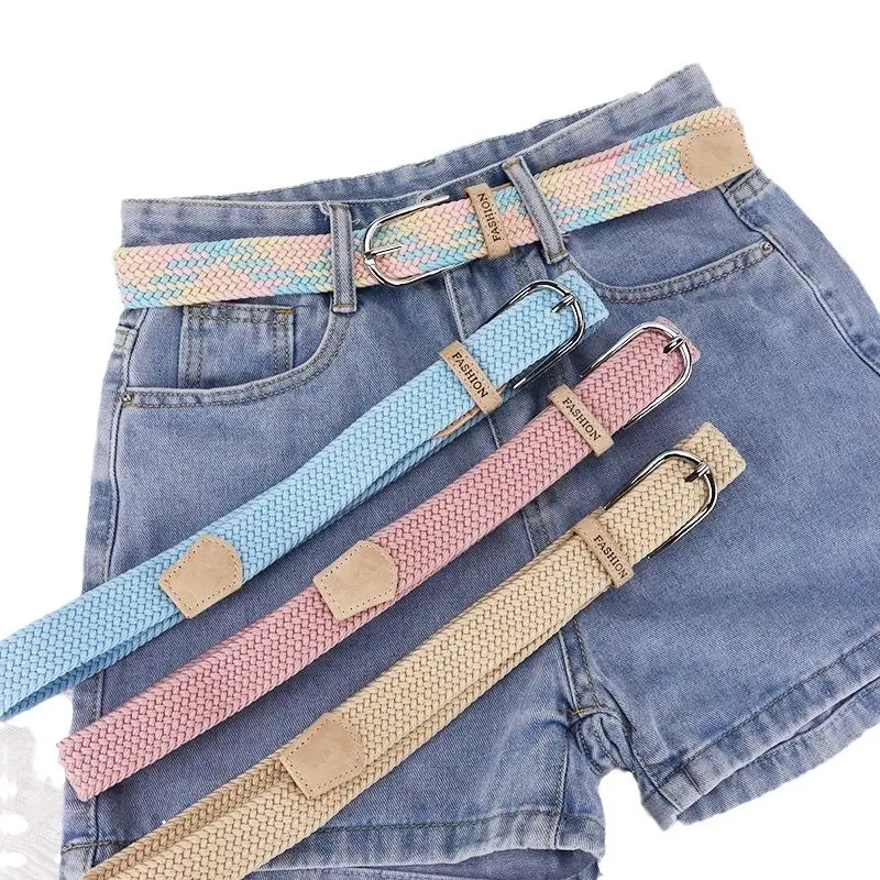 Women's Beige Braided Elastic Belt with Pin Buckle - Image 10