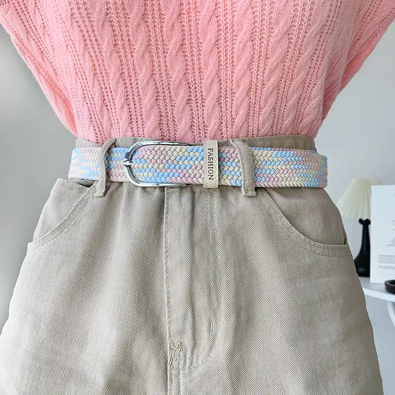 Women's Beige Braided Elastic Belt with Pin Buckle — feature 10