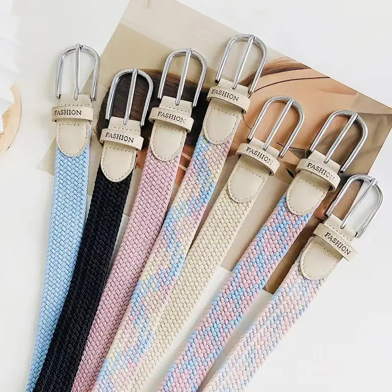 Women's Beige Braided Elastic Belt with Pin Buckle — feature 3