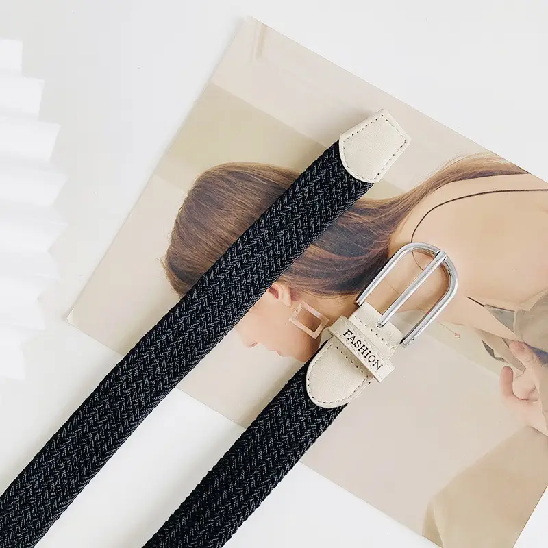 Women's Beige Braided Elastic Belt with Pin Buckle — feature 8