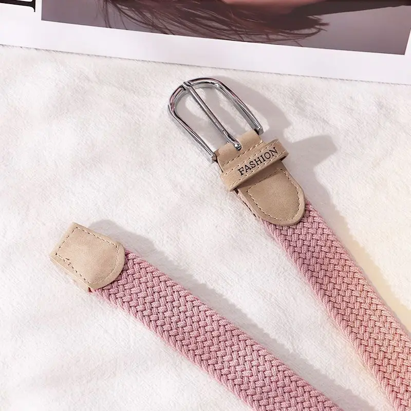 Women's Beige Braided Elastic Belt with Pin Buckle - Image 2