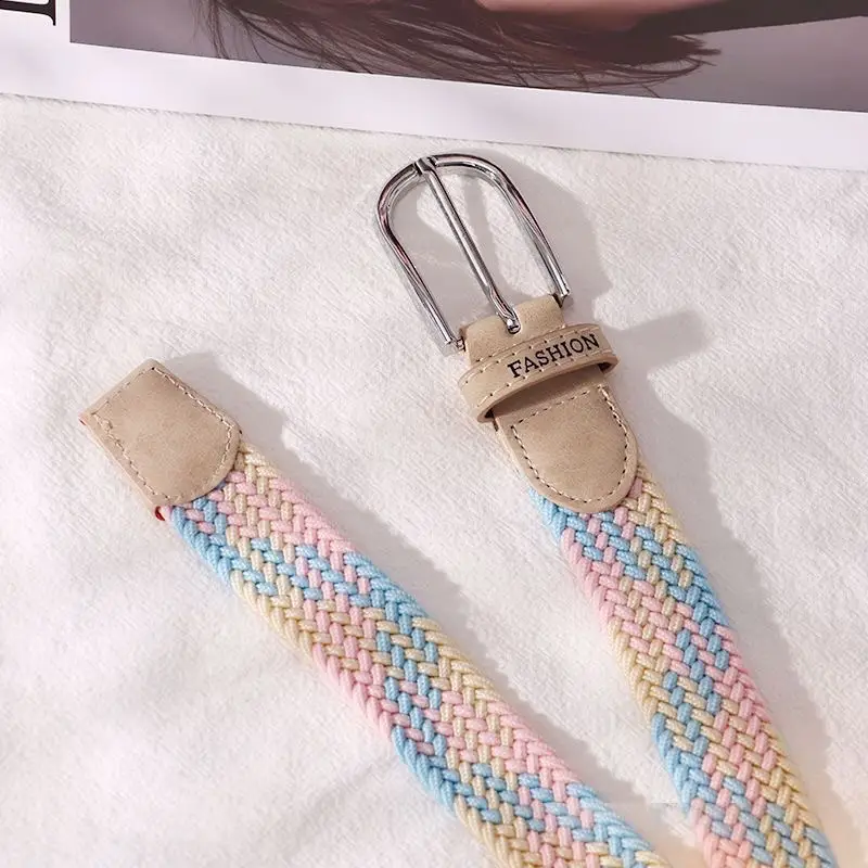 Women's Beige Braided Elastic Belt with Pin Buckle - Image 3