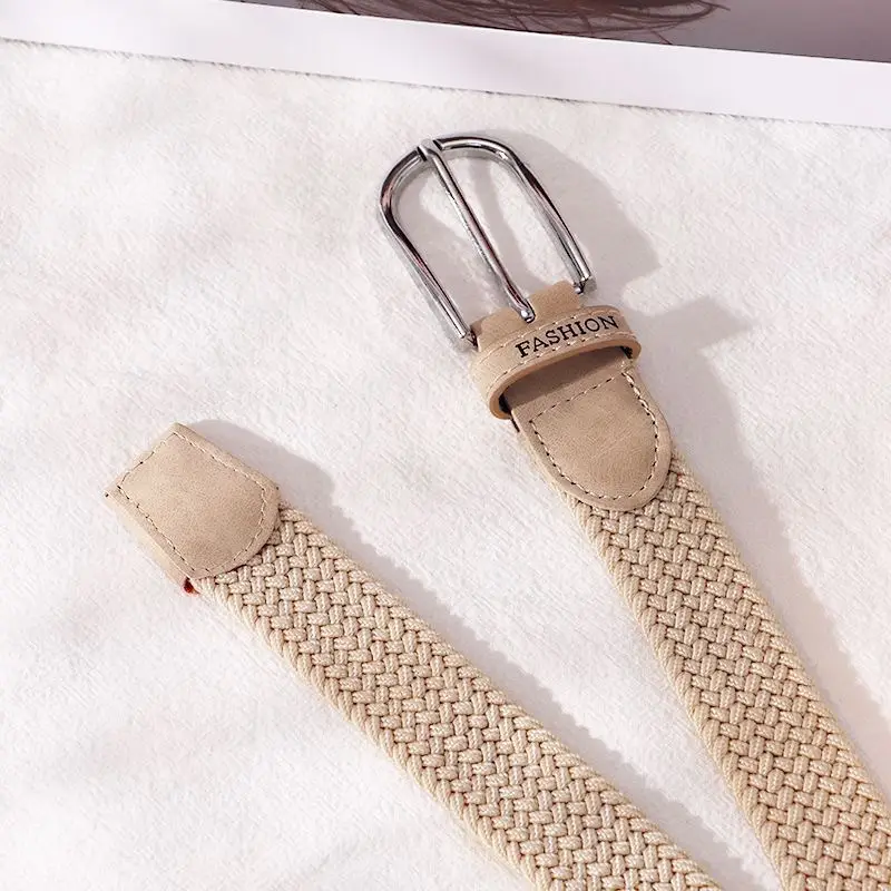 Women's Beige Braided Elastic Belt with Pin Buckle - Image 4