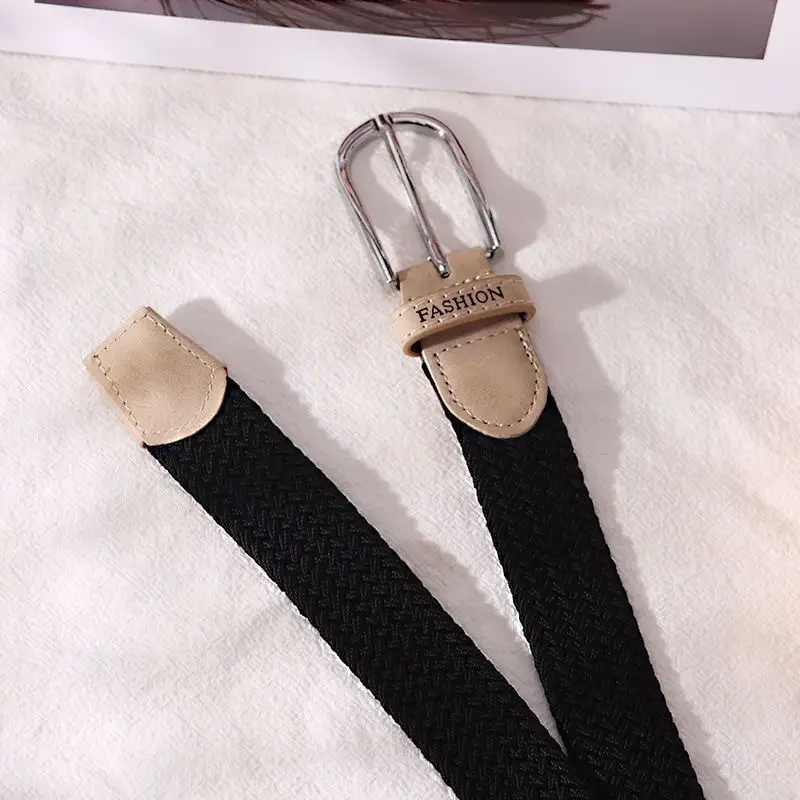 Women's Beige Braided Elastic Belt with Pin Buckle - Image 5